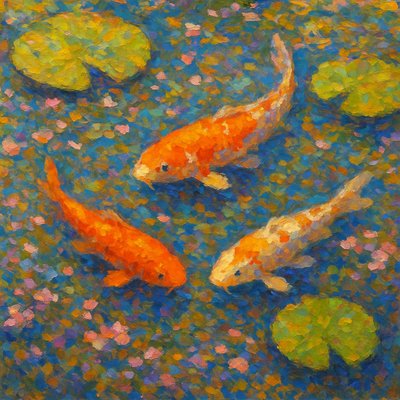 A koi pond seen from above, orange and white koi fish swimming among lily pads, clear water with subtle ripples, fallen cherry blossom petals floating on the surface, dappled sunlight