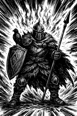 a drawing of a man in armor with a sword and a bird on his arm