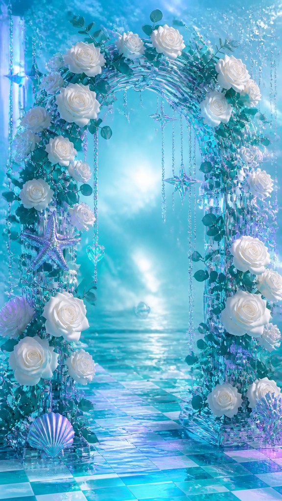 an arch of white roses and eucalyptus in soft morning light, elegant vertical composition with open space, no text