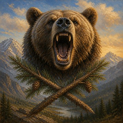 a roaring bear head above crossed pine branches, bold graphic composition on a plain background, no text