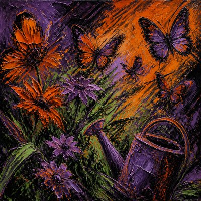 a garden scene with butterflies, flowers and a watering can, clean uncolored line art, no text