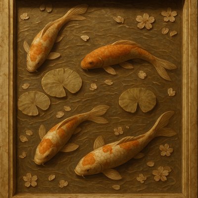A koi pond seen from above, orange and white koi fish swimming among lily pads, clear water with subtle ripples, fallen cherry blossom petals floating on the surface, dappled sunlight