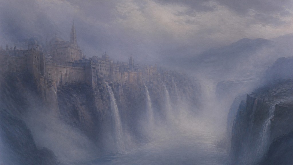 a cliffside city with waterfalls cascading into a misty canyon, wide establishing shot, no people, no text
