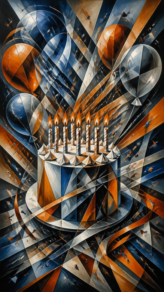 a birthday cake with lit candles surrounded by balloons and confetti, festive vertical composition, no text