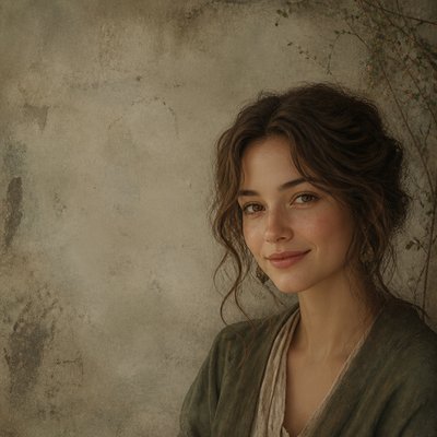 head-and-shoulders portrait of an original character: a young woman with wavy chestnut hair and a warm smile, plain soft backdrop