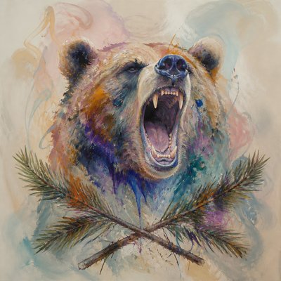 a roaring bear head above crossed pine branches, bold graphic composition on a plain background, no text