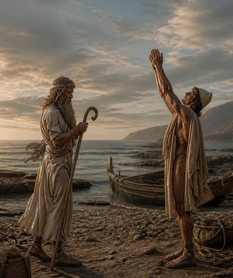 a painting of two men standing on a beach