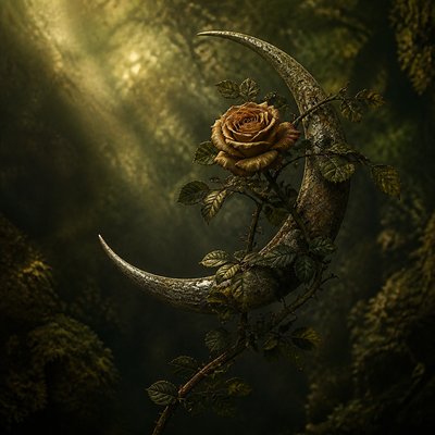 a rose entwined with a crescent moon, clean balanced composition on a plain background, no text