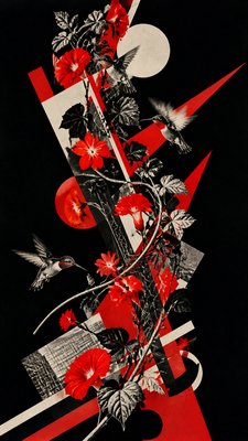 a climbing vine of flowers and hummingbirds on a dark background, tall wrapping composition, no text