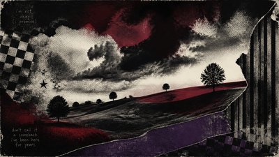rolling hills with scattered trees under a big dramatic sky, no people