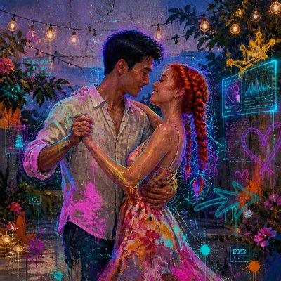 an original couple dancing under string lights in a garden at dusk: a man with short black hair in a linen shirt and a woman with braided red hair in a summer dress