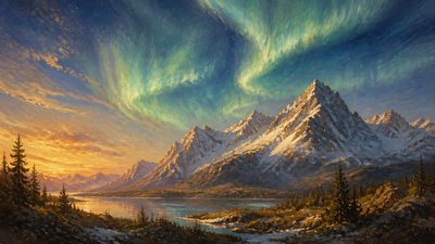 a flowing aurora over snowy peaks, wide sweeping composition, no people, no text