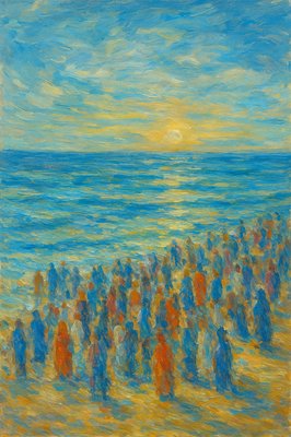 a painting of a group of people on a beach