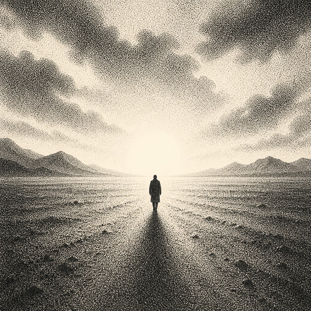 a solitary figure walking toward a glowing horizon across an empty plain, moody atmosphere, no text or lettering