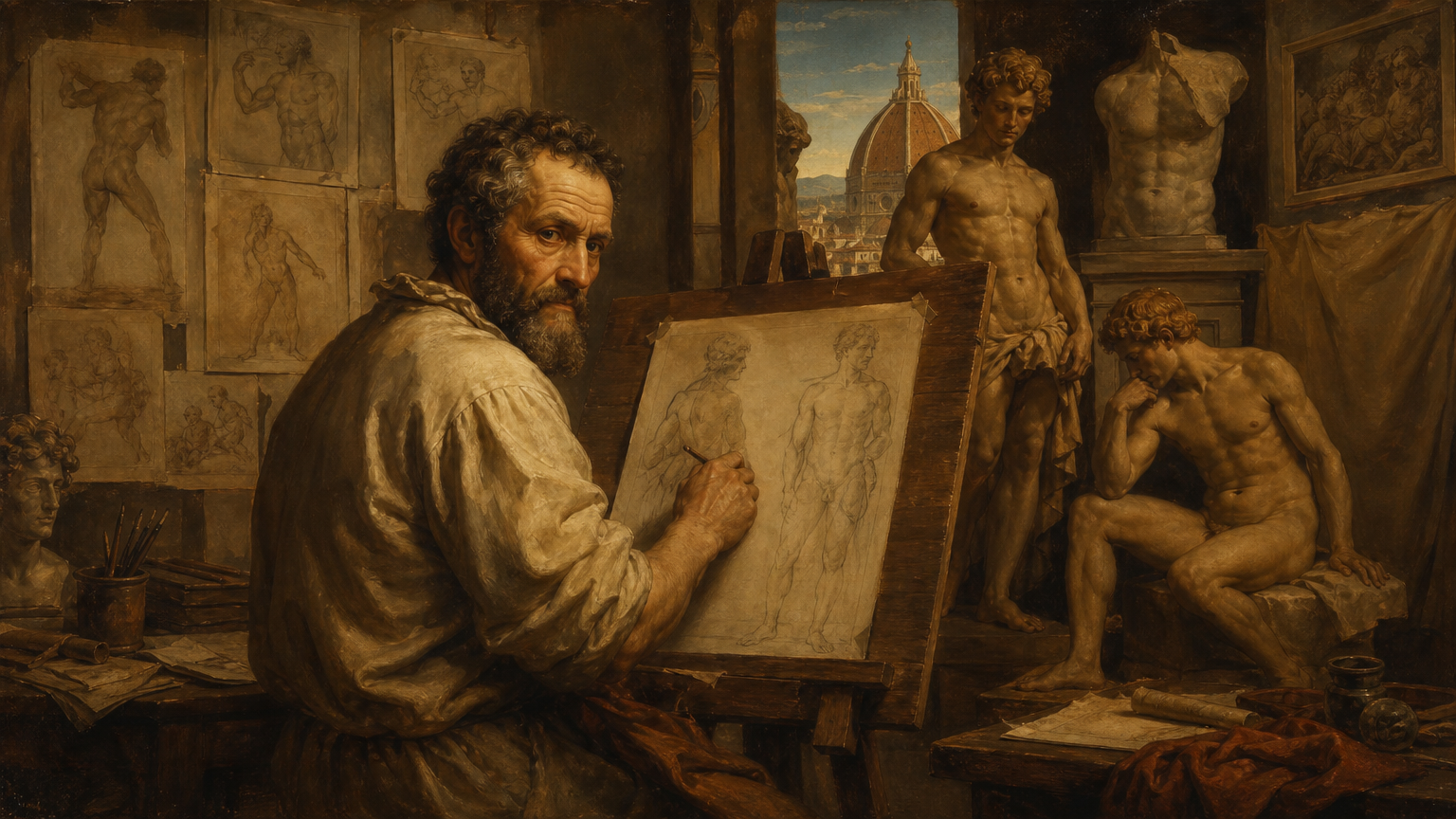Michelangelo drawing athletes in his studio
