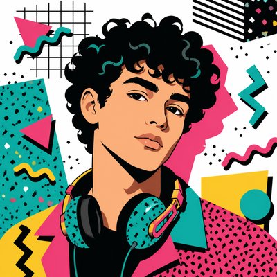 head-and-shoulders portrait of an original character: a young man with curly dark hair and headphones around his neck, plain backdrop, no text