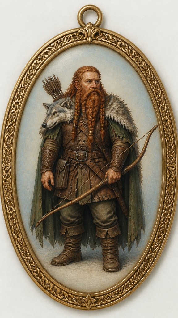 full-body original character: a dwarven ranger with a braided auburn beard, worn leather armor, a longbow and a wolf-pelt cloak, neutral background, no text