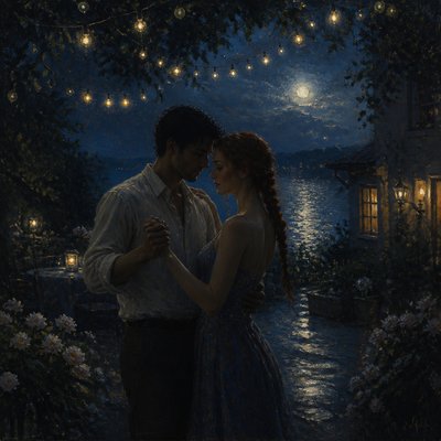 an original couple dancing under string lights in a garden at dusk: a man with short black hair in a linen shirt and a woman with braided red hair in a summer dress