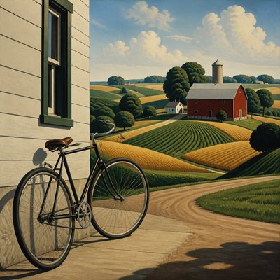 bicyle resting against a wall — American Regionalism Art Style