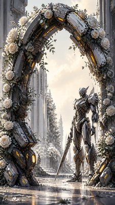 an arch of white roses and eucalyptus in soft morning light, elegant vertical composition with open space, no text