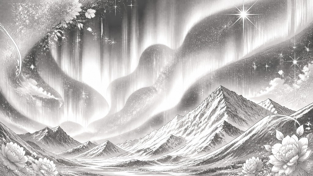 a flowing aurora over snowy peaks, wide sweeping composition, no people, no text