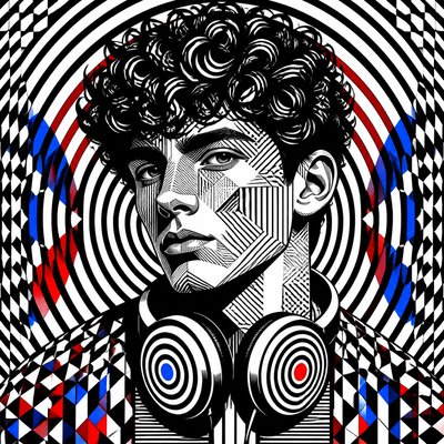 head-and-shoulders portrait of an original character: a young man with curly dark hair and headphones around his neck, plain backdrop, no text