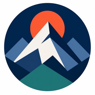 an emblem of a mountain peak inside a circle, simple bold shapes on a plain background, no text or lettering