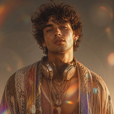 head-and-shoulders portrait of an original character: a young man with curly dark hair and headphones around his neck, plain backdrop, no text