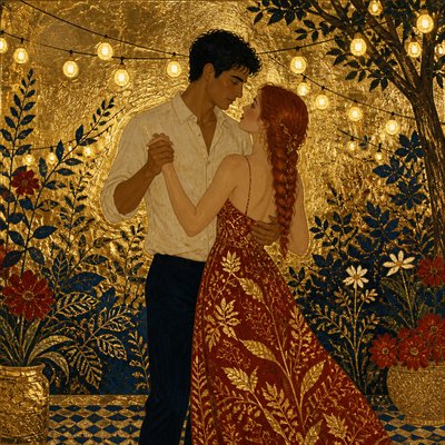 an original couple dancing under string lights in a garden at dusk: a man with short black hair in a linen shirt and a woman with braided red hair in a summer dress