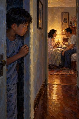 Ji Wing Soon is a 12 year old Malaysian Chinese boy.  This scene occurs at his home in Kuala Lumpur.  Late that night, as Wing-Sun lay in his bed, he heard voices coming from his parents' room down the hall.  He arose and opened his door quietly, then stepped into the hallway where he could hear their conversation.
	“Ah-Wai… I’ve been thinking about the path we're on. I’ve been reading the Bible again, like I did when I was younger. I remember the peace I felt back then. But now… everything feels so different. I believe we should honor your family, but things just don’t feel the same to me anymore.” Mei-Ling said softly but urgently.
	“Not this again, Ah-Ling. We’ve talked about this. Traditions are our foundation—our way of life. They’ve brought us good luck, success. Do you really want to upset things?” Hon-Wai said, a tone of impatience creeping into his voice.