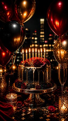 a birthday cake with lit candles surrounded by balloons and confetti, festive vertical composition, no text