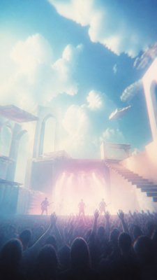 a live music scene with a glowing stage and silhouetted crowd, energetic vertical composition with open space at the top, no text