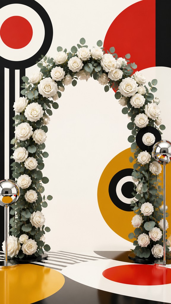 an arch of white roses and eucalyptus in soft morning light, elegant vertical composition with open space, no text