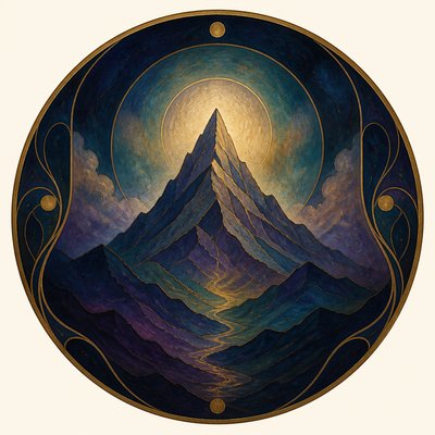 an emblem of a mountain peak inside a circle, simple bold shapes on a plain background, no text or lettering
