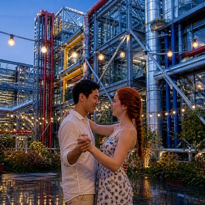 an original couple dancing under string lights in a garden at dusk: a man with short black hair in a linen shirt and a woman with braided red hair in a summer dress