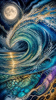 an ocean wave curling under moonlight, no people