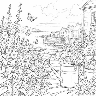 a garden scene with butterflies, flowers and a watering can, clean uncolored line art, no text