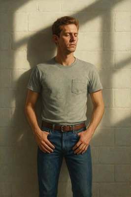 a man standing in front of a brick wall