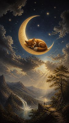 a sleeping baby fox curled on a crescent moon among soft stars, gentle and warm, no text