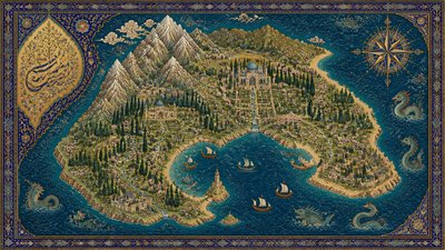 a map of an island realm with mountains, forests, a sheltered bay, sea monsters in the water and a compass rose, no text labels