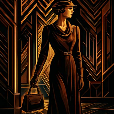 "A fashionable woman dressed in sophisticated, modest 1930s Great Depression era style, embodying an Art Deco aesthetic. She wears an elegant, tailored day dress or a chic suit-dress made of fine wool crepe or flowing rayon. The dress features a sleek, elongated silhouette with a defined natural waist, often belted. Details include a soft cowl neck or a demure V-neck with subtle draping, and perhaps gently puffed or structured sleeves. The hemline is at a modest mid-calf length, possibly with soft pleating or subtle flare. Her hair is styled in sculpted finger waves, and she wears a small, stylish cloche or tilted hat. She holds an elegant, tailored handbag and wears matching gloves. The setting is a refined Art Deco interior, perhaps a classy hotel lobby or a stylish office, with geometric patterns and warm, indirect lighting. The overall mood is one of poise, understated sophistication, and timeless chic."