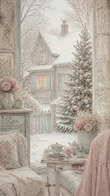 a snow-covered cottage with warm glowing windows beside a decorated pine tree, gentle snowfall, no text