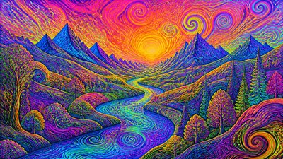 a vast valley with a river winding toward distant mountains at sunrise, no people, no text