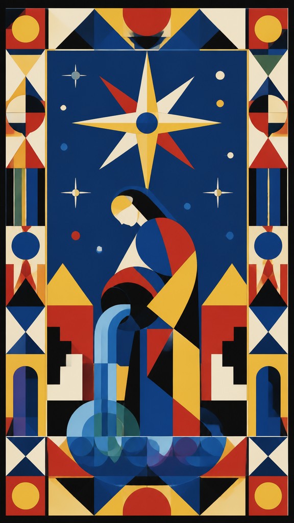 a robed figure pouring water beneath a large eight-pointed star in a night sky, symmetrical composition with an ornate decorative border, no text