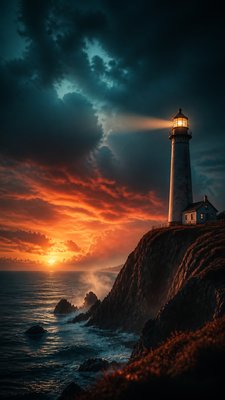 a lone lighthouse on a cliff at dusk under a dramatic sky, no text or lettering