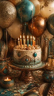 a birthday cake with lit candles surrounded by balloons and confetti, festive vertical composition, no text