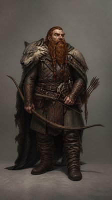 full-body original character: a dwarven ranger with a braided auburn beard, worn leather armor, a longbow and a wolf-pelt cloak, neutral background, no text