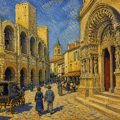 urban street with city activity — Arles Art Style
