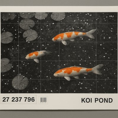 A koi pond seen from above, orange and white koi fish swimming among lily pads, clear water with subtle ripples, fallen cherry blossom petals floating on the surface, dappled sunlight