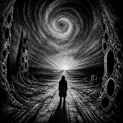 a solitary figure walking toward a glowing horizon across an empty plain, moody atmosphere, no text or lettering